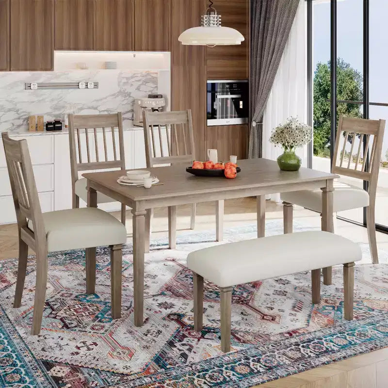 GDFStudio Griffin 6-teiliges Retro-Esszimmer-Set mit rechteckigem Holztisch und 4 Stühlen mit Sitzbank