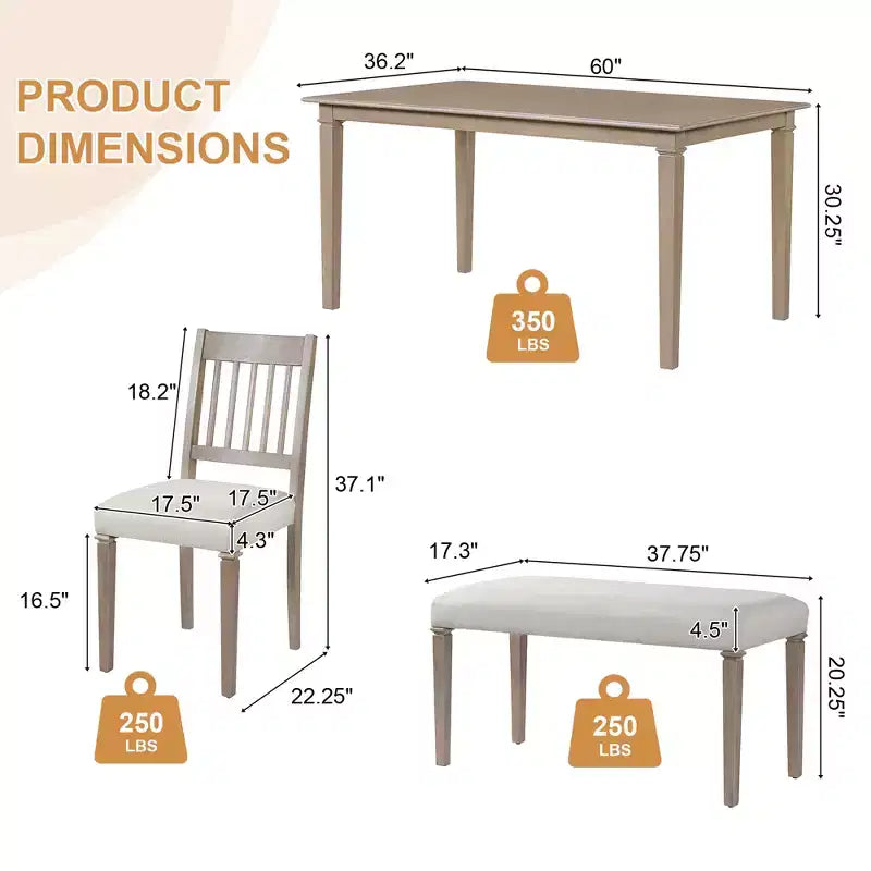 GDFStudio Griffin 6-teiliges Retro-Esszimmer-Set mit rechteckigem Holztisch und 4 Stühlen mit Sitzbank