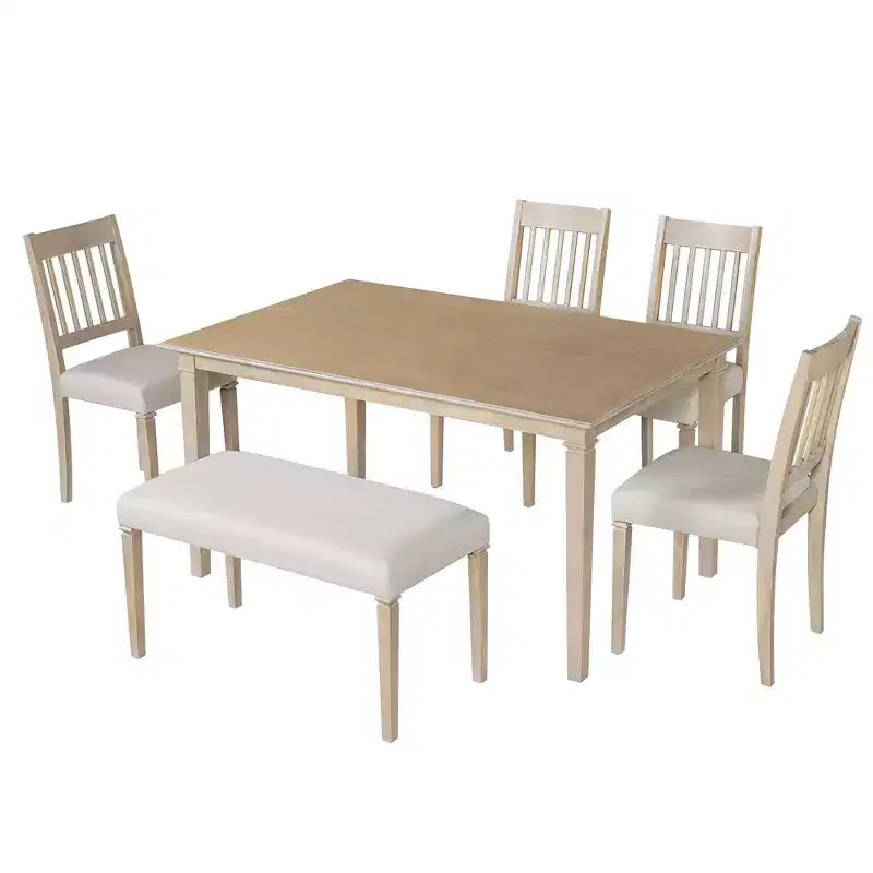 GDFStudio Griffin 6-teiliges Retro-Esszimmer-Set mit rechteckigem Holztisch und 4 Stühlen mit Sitzbank