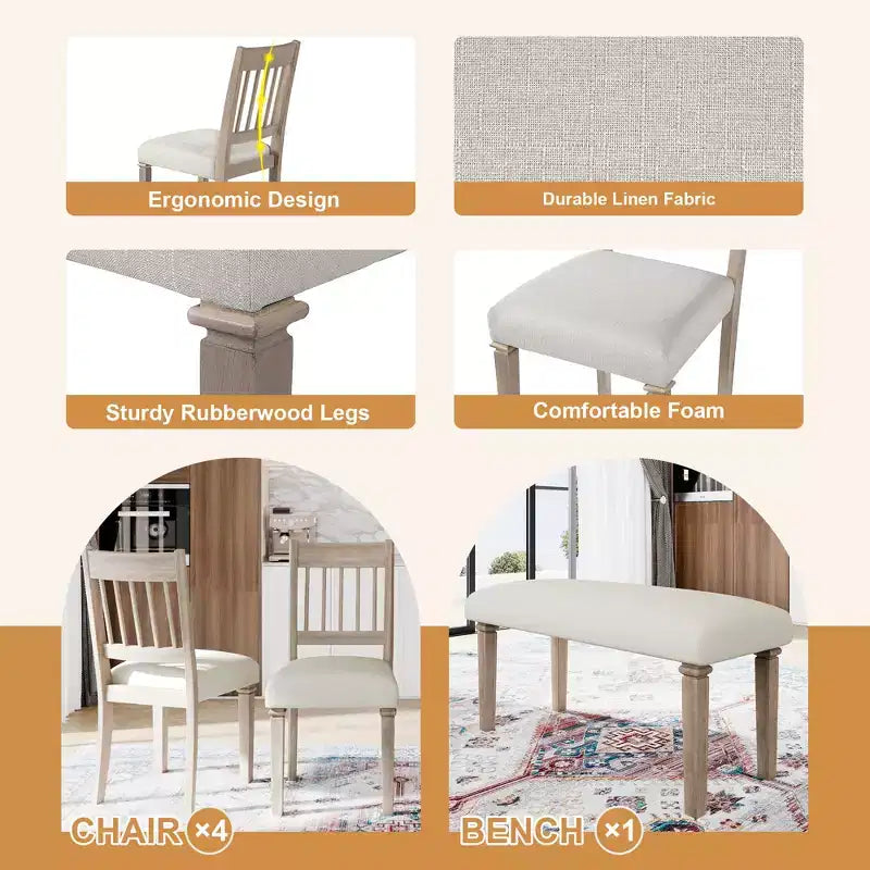GDFStudio Griffin 6-teiliges Retro-Esszimmer-Set mit rechteckigem Holztisch und 4 Stühlen mit Sitzbank