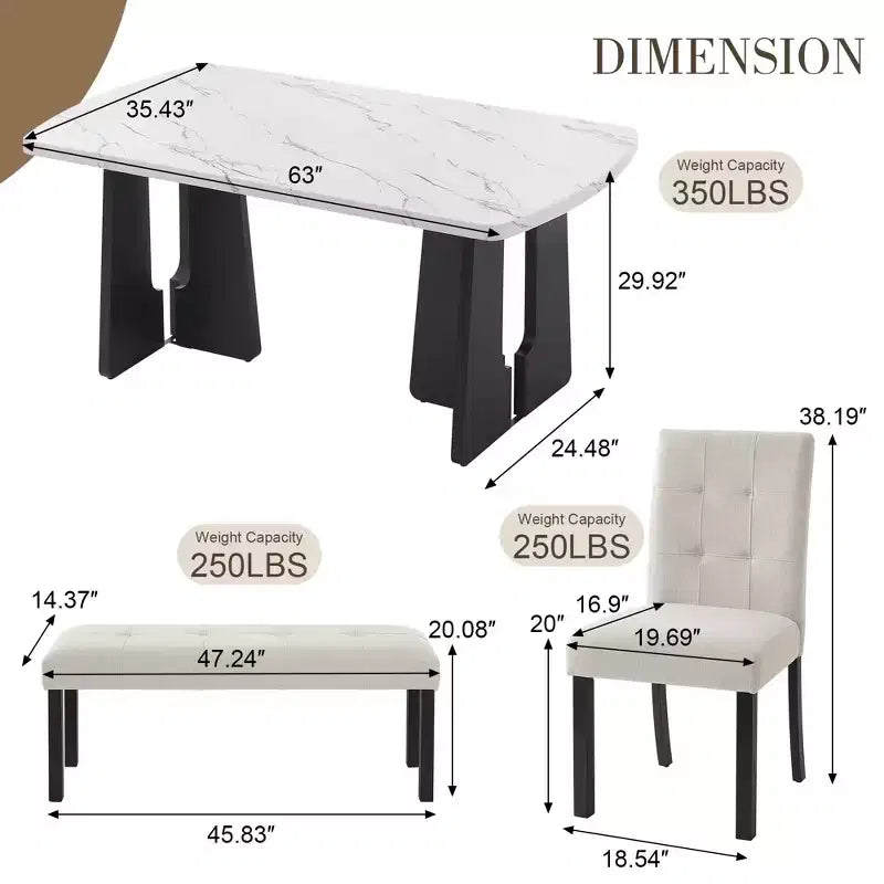 GDFStudio Griffin 6-teiliges modernes Esstisch-Set mit 63'' Tisch in Marmoroptik, 4 Stühlen und 1 Bank