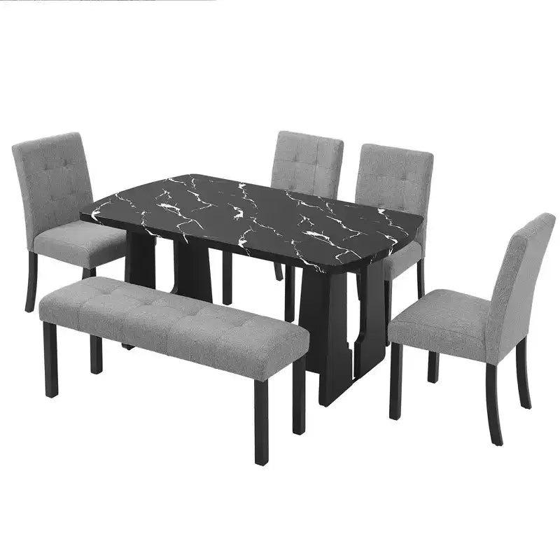 GDFStudio Griffin 6-teiliges modernes Esstisch-Set mit 63'' Tisch in Marmoroptik, 4 Stühlen und 1 Bank