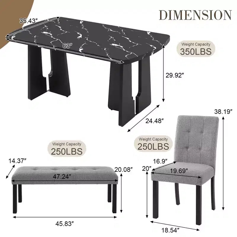 GDFStudio Griffin 6-teiliges modernes Esstisch-Set mit 63'' Tisch in Marmoroptik, 4 Stühlen und 1 Bank