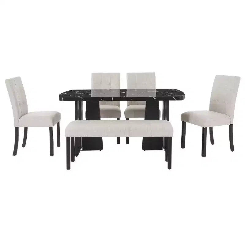 GDFStudio Griffin 6-teiliges modernes Esstisch-Set mit 63'' Tisch in Marmoroptik, 4 Stühlen und 1 Bank