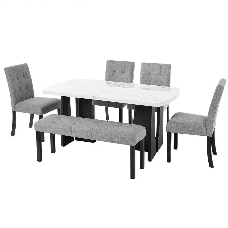 GDFStudio Griffin 6-teiliges modernes Esstisch-Set mit 63'' Tisch in Marmoroptik, 4 Stühlen und 1 Bank