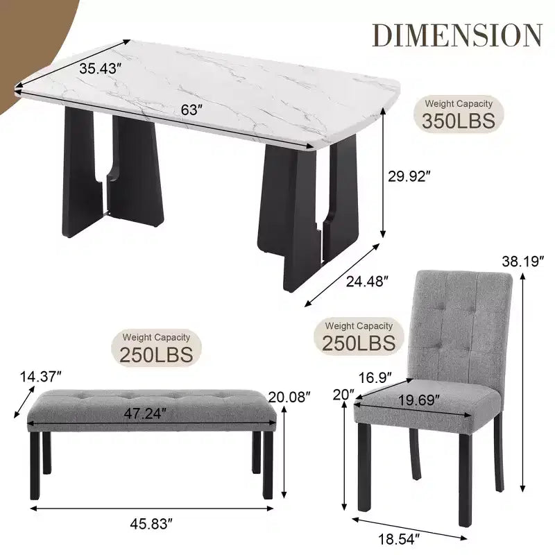 GDFStudio Griffin 6-teiliges modernes Esstisch-Set mit 63'' Tisch in Marmoroptik, 4 Stühlen und 1 Bank