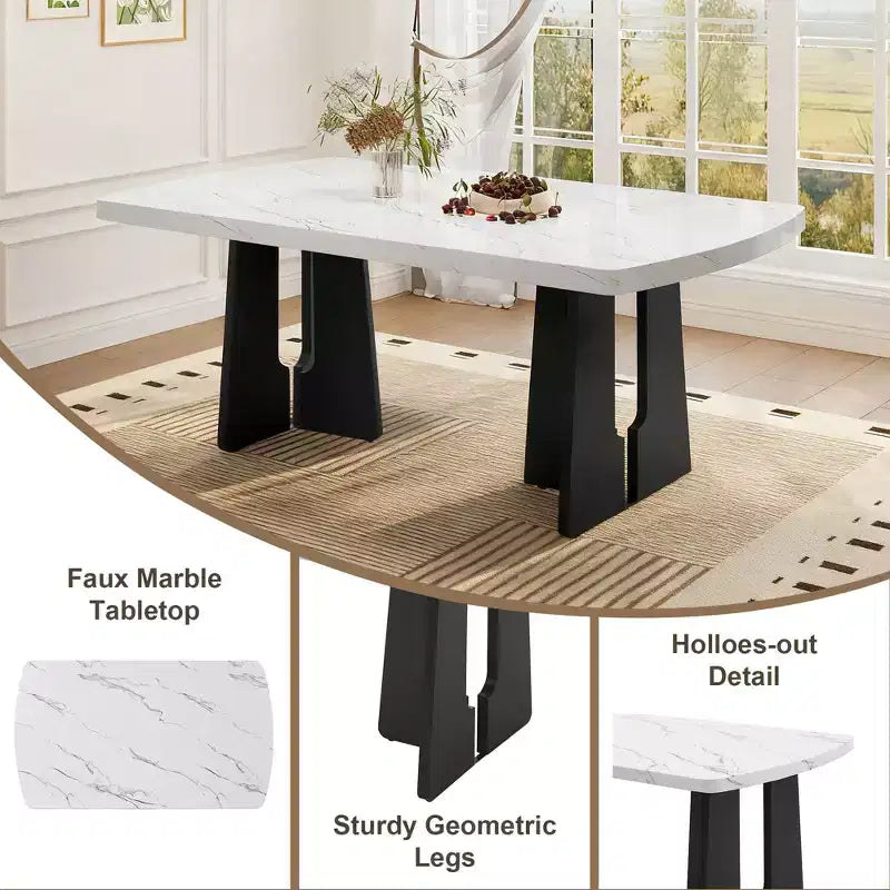 GDFStudio Griffin 6-teiliges modernes Esstisch-Set mit 63'' Tisch in Marmoroptik, 4 Stühlen und 1 Bank