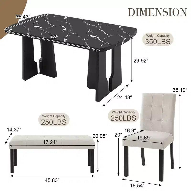 GDFStudio Griffin 6-teiliges modernes Esstisch-Set mit 63'' Tisch in Marmoroptik, 4 Stühlen und 1 Bank