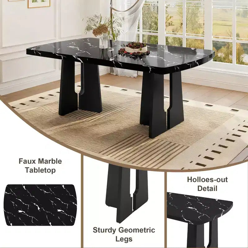 GDFStudio Griffin 6-teiliges modernes Esstisch-Set mit 63'' Tisch in Marmoroptik, 4 Stühlen und 1 Bank