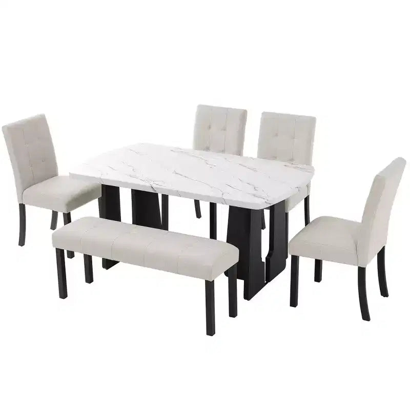 GDFStudio Griffin 6-teiliges modernes Esstisch-Set mit 63'' Tisch in Marmoroptik, 4 Stühlen und 1 Bank