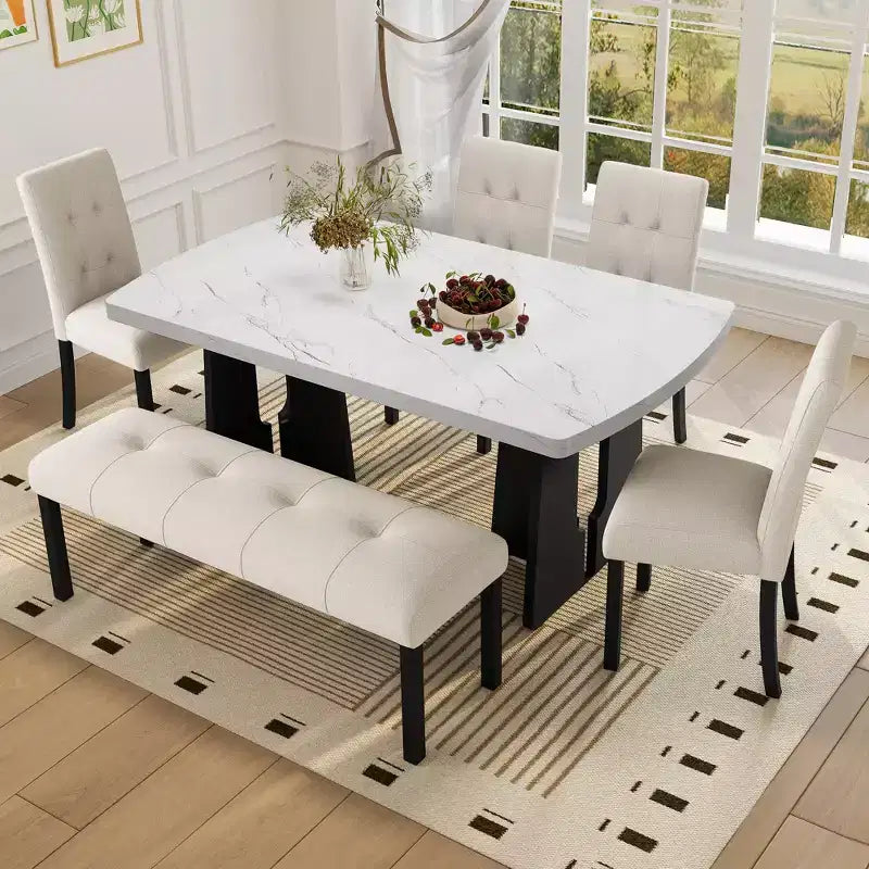 GDFStudio Griffin 6 Piece Modern Dining Table Set with 63 Faux Marble Table & 4 Chairs & 1 Bench