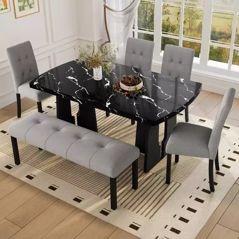 GDFStudio Griffin 6 Piece Modern Dining Table Set with 63 Faux Marble Table & 4 Chairs & 1 Bench