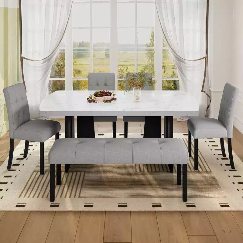 GDFStudio Griffin 6 Piece Modern Dining Table Set with 63 Faux Marble Table & 4 Chairs & 1 Bench