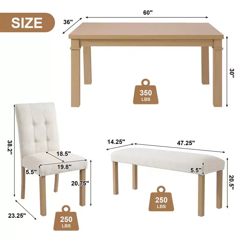 GDFStudio Jordan 6-teiliges modernes Essgruppen-Set mit rechteckigem Tisch, 4 gepolsterten Stühlen und Sitzbank