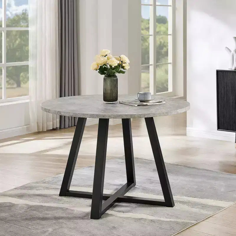 Roundhill Furniture Edo σετ τραπεζαρίας 5 τεμαχίων, στρογγυλό τραπέζι με βάση τύπου τρίποδα και 4 επενδεδυμένες καρέκλες
