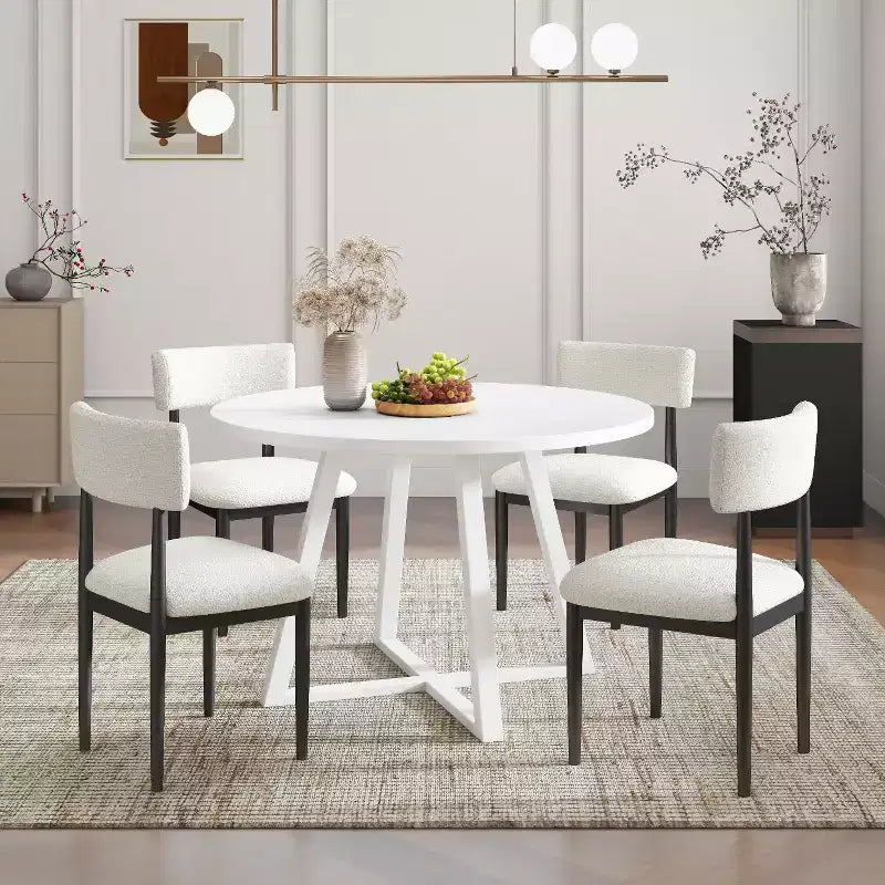 Sett tal-ikel Roundhill Furniture Edo b’5 biċċiet, mejda tonda bi struttura trestle u 4 siġġijiet miksija