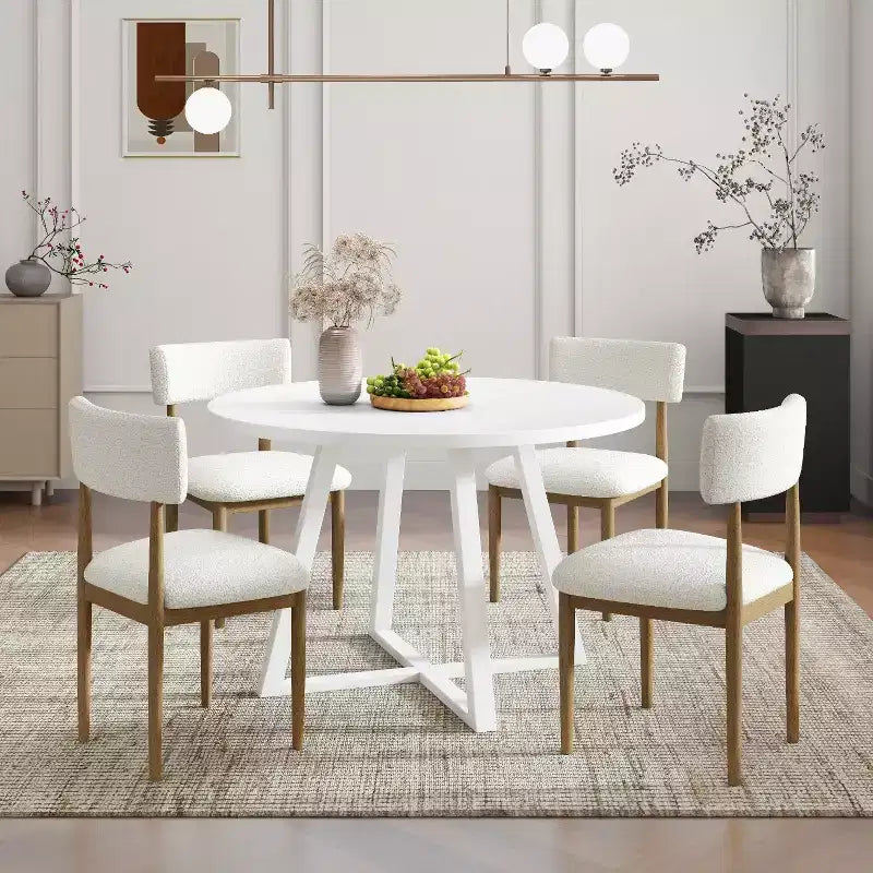 Sett tal-ikel Roundhill Furniture Edo b’5 biċċiet, mejda tonda bi struttura trestle u 4 siġġijiet miksija