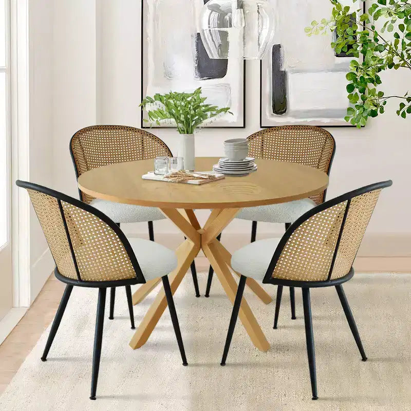 Modern Dining Table Set for 4, Space-Saving Pedestal Table with Boucle Upholstered Chairs, Mesh Rattan Backrest, Apartment Use-Panipeachy