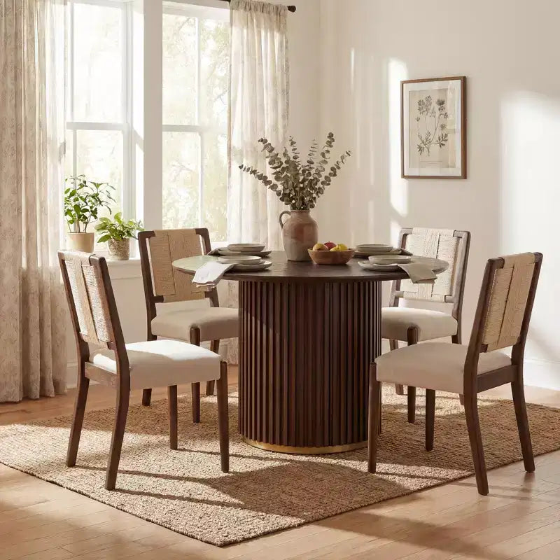 Christopher Knight Home Seema modernes 5-teiliges rundes Esszimmertisch-Set mit gepolsterten Stühlen aus Gummibaumholz