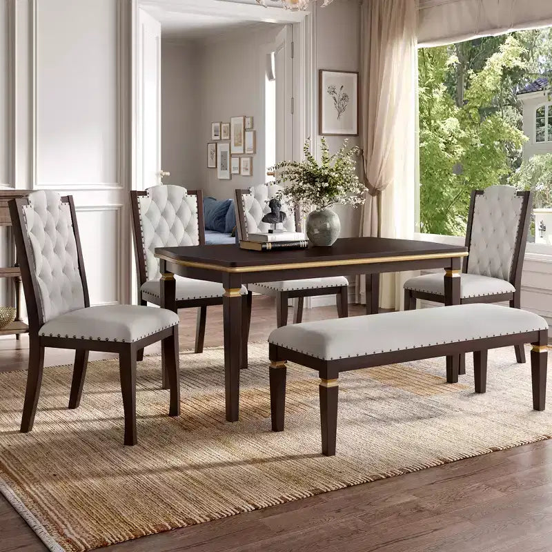 Set da pranzo GDFStudio Mathis da 6 pezzi con tavolo rettangolare da 60, 4 sedie imbottite con schienale alto trapuntato e 1 panca