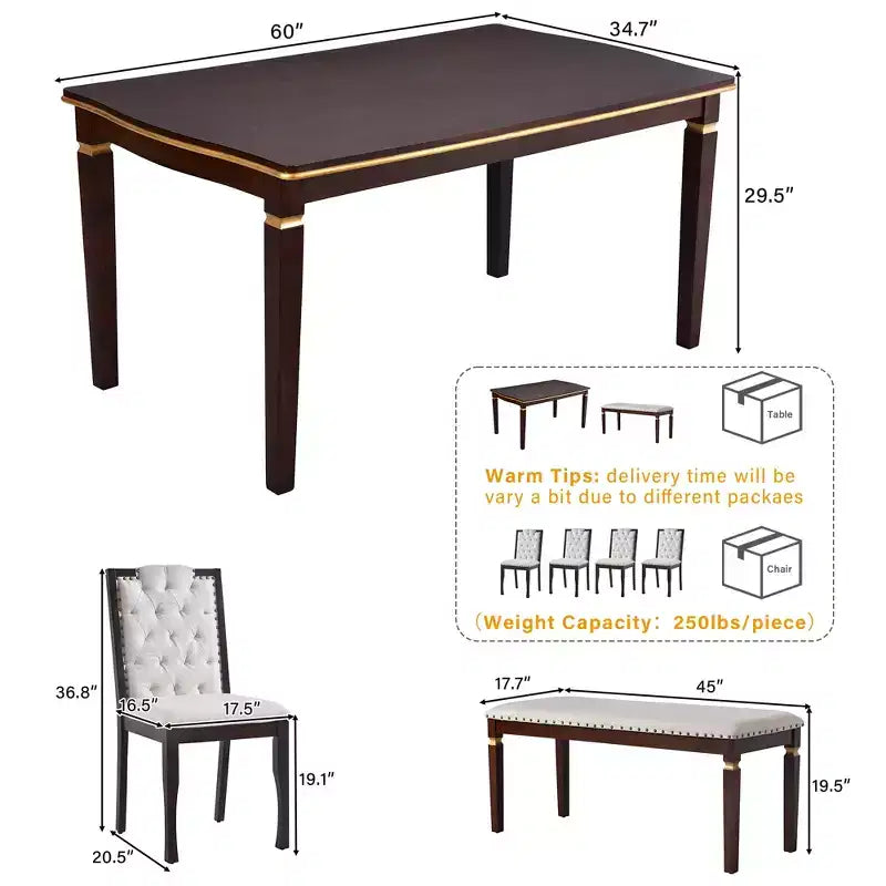 Set da pranzo GDFStudio Mathis da 6 pezzi con tavolo rettangolare da 60, 4 sedie imbottite con schienale alto trapuntato e 1 panca