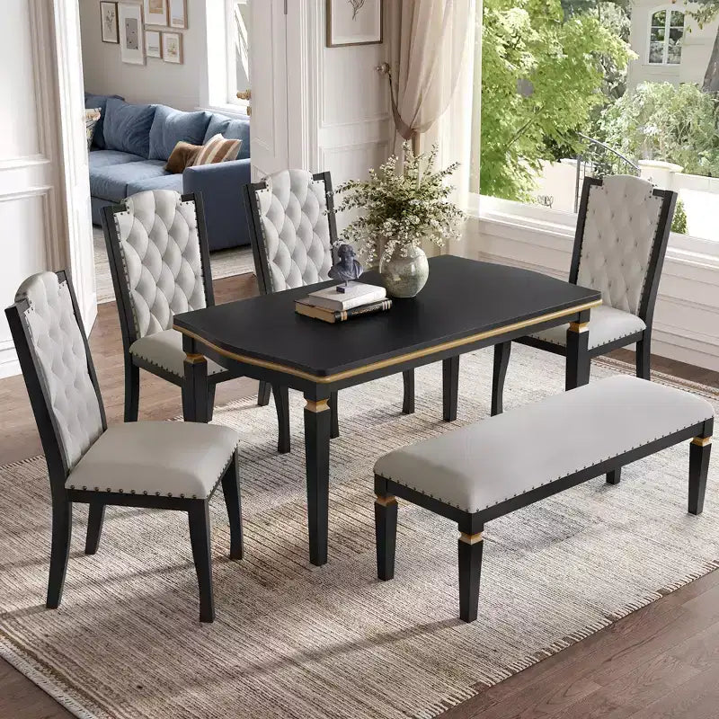 Set da pranzo GDFStudio Mathis da 6 pezzi con tavolo rettangolare da 60, 4 sedie imbottite con schienale alto trapuntato e 1 panca