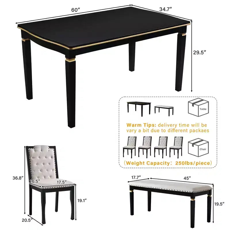 Set da pranzo GDFStudio Mathis da 6 pezzi con tavolo rettangolare da 60, 4 sedie imbottite con schienale alto trapuntato e 1 panca