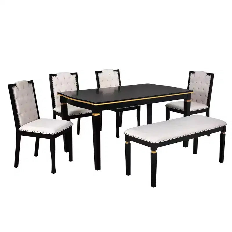 Set da pranzo GDFStudio Mathis da 6 pezzi con tavolo rettangolare da 60, 4 sedie imbottite con schienale alto trapuntato e 1 panca