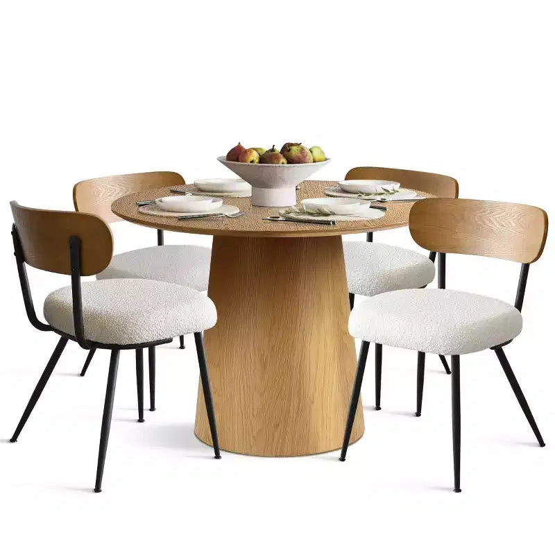 Set da pranzo rotondo da 5 pezzi, tavolo con piedistallo in rovere da 42 e 4 sedie imbottite in bouclé, schienali in legno di frassino e gambe in metallo - Panipeachy