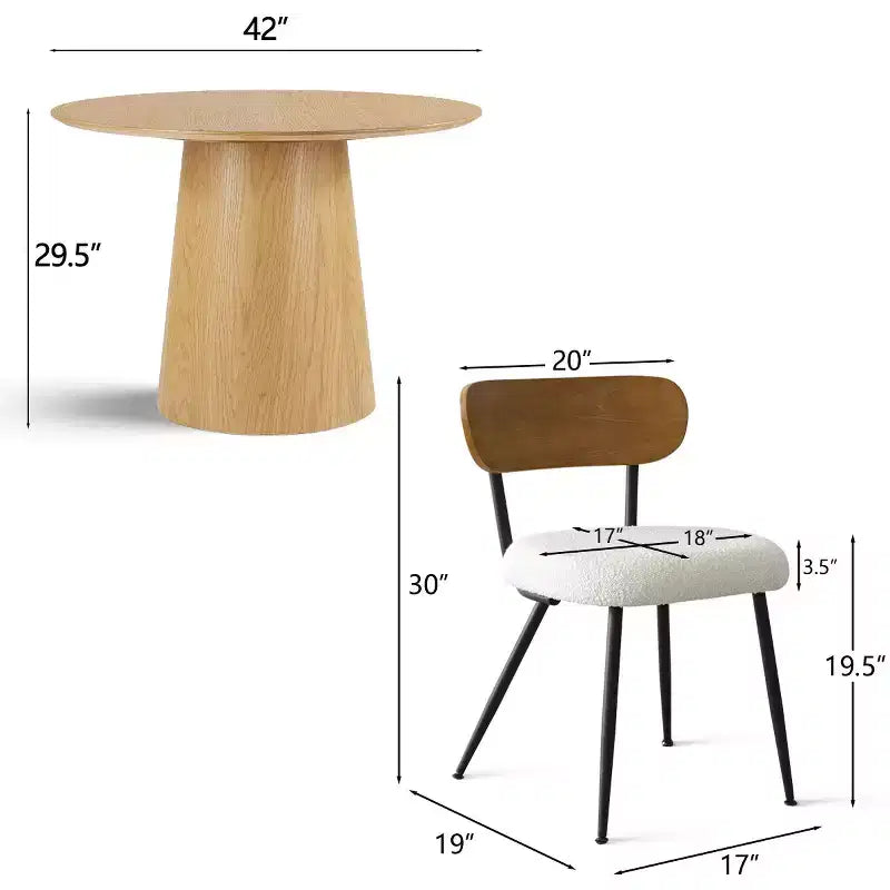 Set da pranzo rotondo da 5 pezzi, tavolo con piedistallo in rovere da 42 e 4 sedie imbottite in bouclé, schienali in legno di frassino e gambe in metallo - Panipeachy