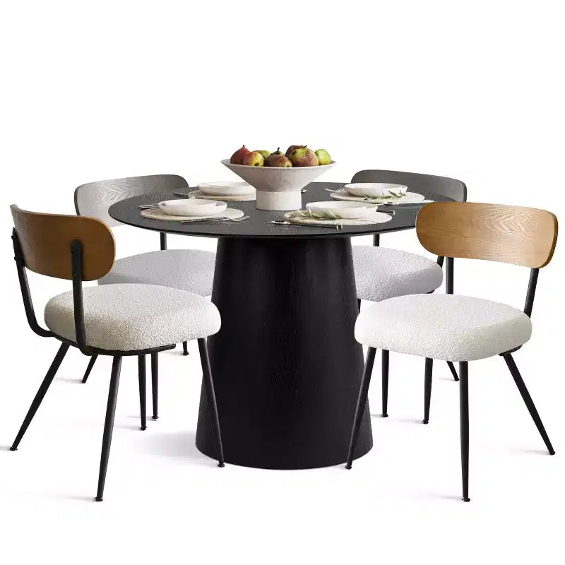 Set da pranzo rotondo da 5 pezzi, tavolo con piedistallo in rovere da 42 e 4 sedie imbottite in bouclé, schienali in legno di frassino e gambe in metallo - Panipeachy