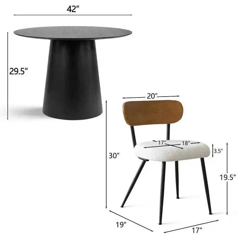 Set da pranzo rotondo da 5 pezzi, tavolo con piedistallo in rovere da 42 e 4 sedie imbottite in bouclé, schienali in legno di frassino e gambe in metallo - Panipeachy