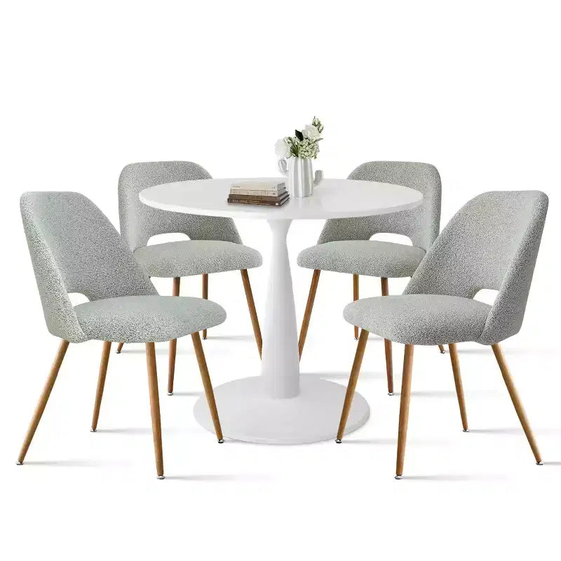 35 rundes Esstisch-Set für 4 Personen, weißer Säulentisch und Bouclé-gepolsterte Stühle mit Metallbeinen, ideal für kleine Räume - Panipeachy