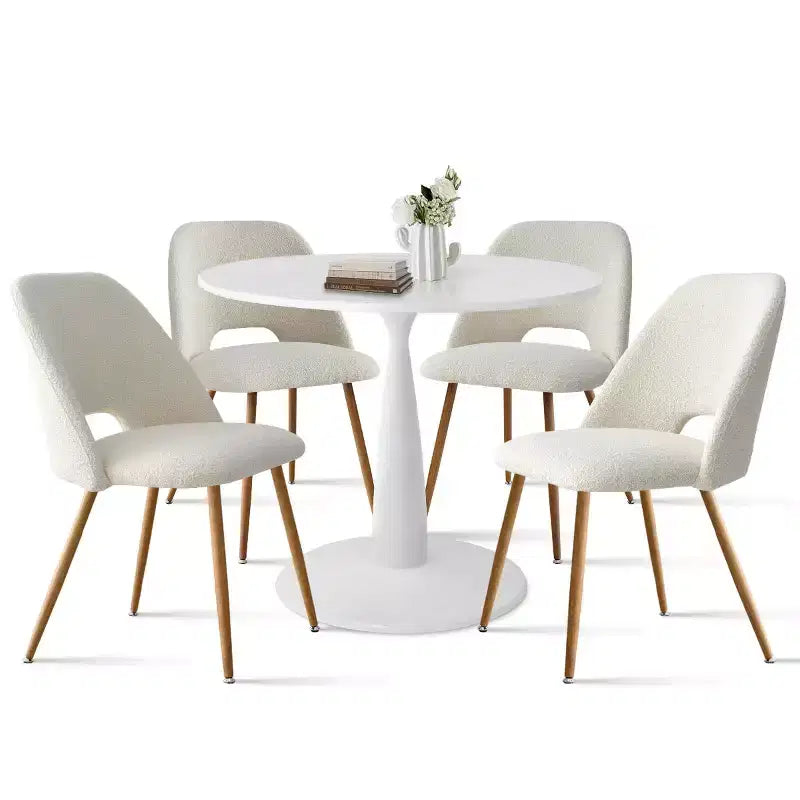 35 rundes Esstisch-Set für 4 Personen, weißer Säulentisch und Bouclé-gepolsterte Stühle mit Metallbeinen, ideal für kleine Räume - Panipeachy
