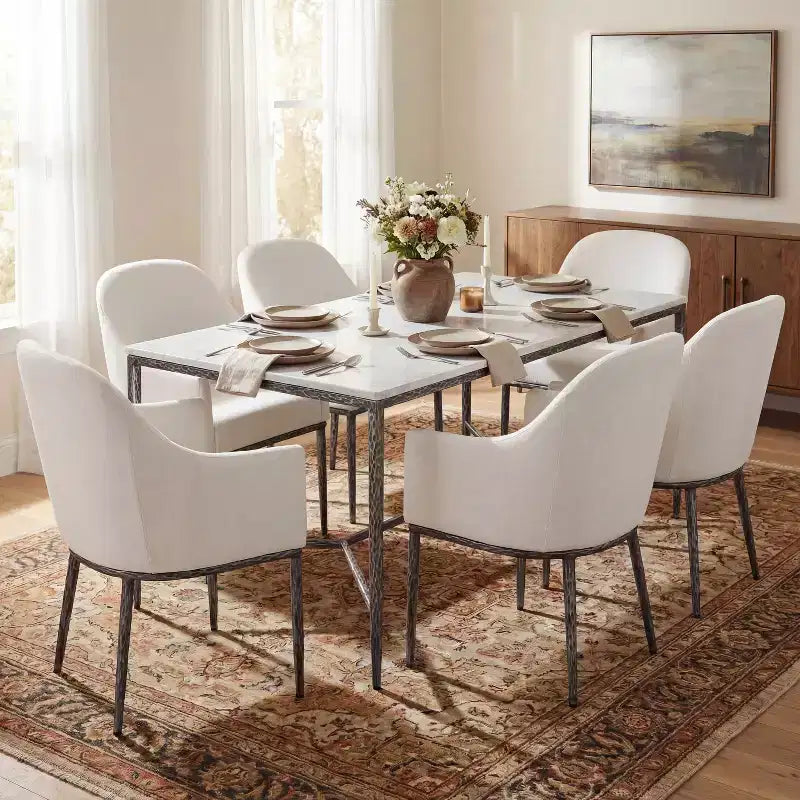 Set da pranzo industriale di lusso Christopher Knight Home Yvanna da 7 pezzi, con tavolo in pietra sinterizzata forgiata a mano e sedie da pranzo imbottite con braccioli
