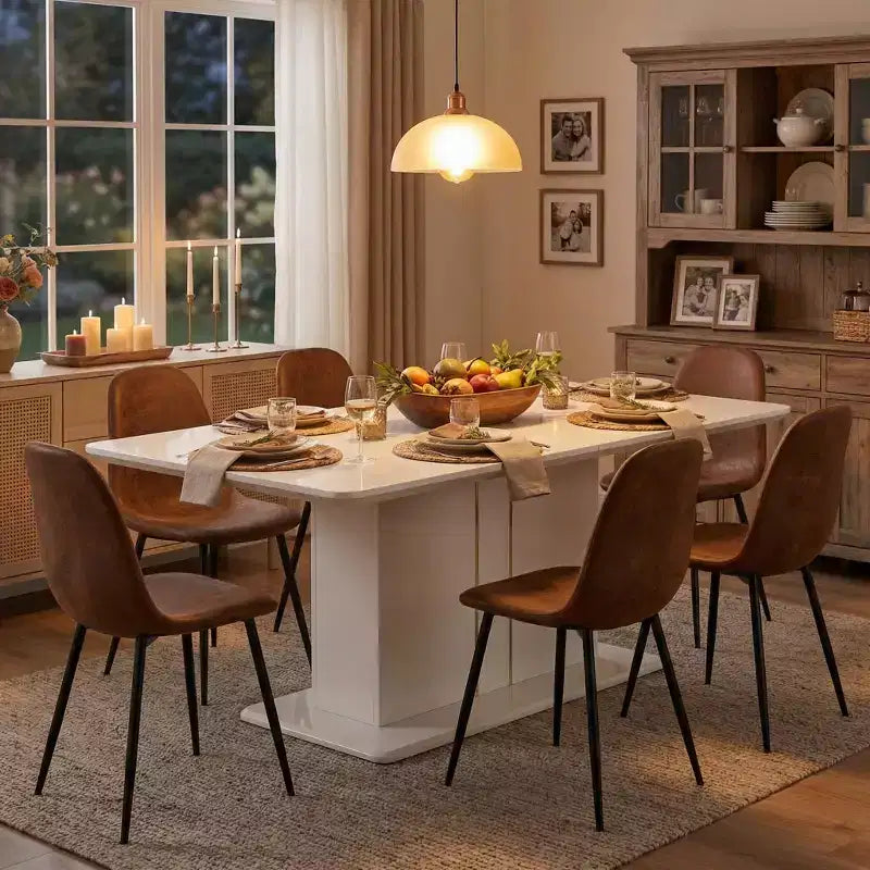 Комплект за хранене FurnitureR от 7 части за 6 души, модерна трапезна маса от MDF с 6 стола, тапицирани с велур, с метални крака, комплект за кухня и трапезария за дома