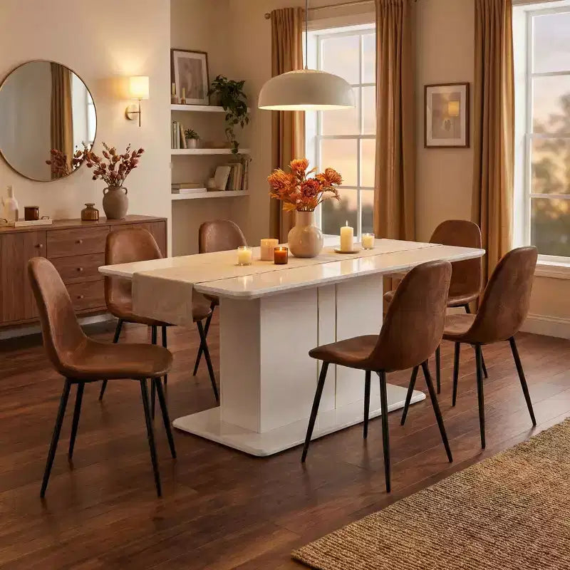 Комплект за хранене FurnitureR от 7 части за 6 души, модерна трапезна маса от MDF с 6 стола, тапицирани с велур, с метални крака, комплект за кухня и трапезария за дома