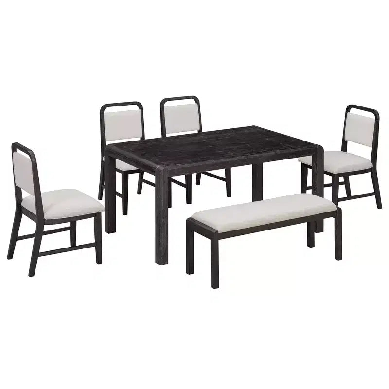 Vintage ausziehbares Esszimmertisch-Set für 6 Personen mit 4 gepolsterten Stühlen und Bank, rustikales, gebürstetes Küchentisch-Set mit geschwungenem Design