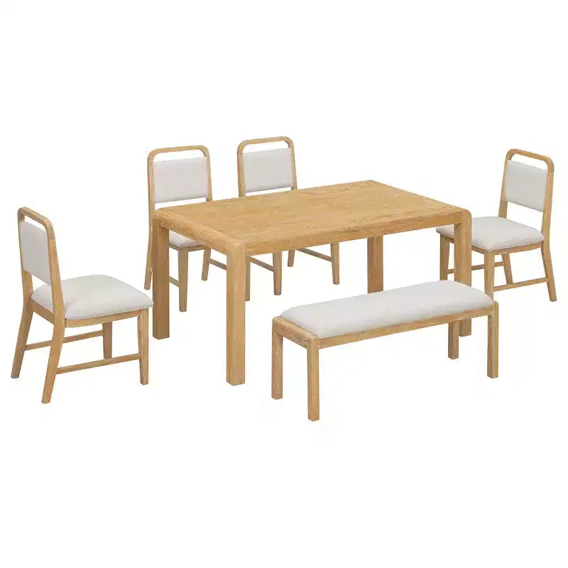 Vintage ausziehbares Esszimmertisch-Set für 6 Personen mit 4 gepolsterten Stühlen und Bank, rustikales, gebürstetes Küchentisch-Set mit geschwungenem Design