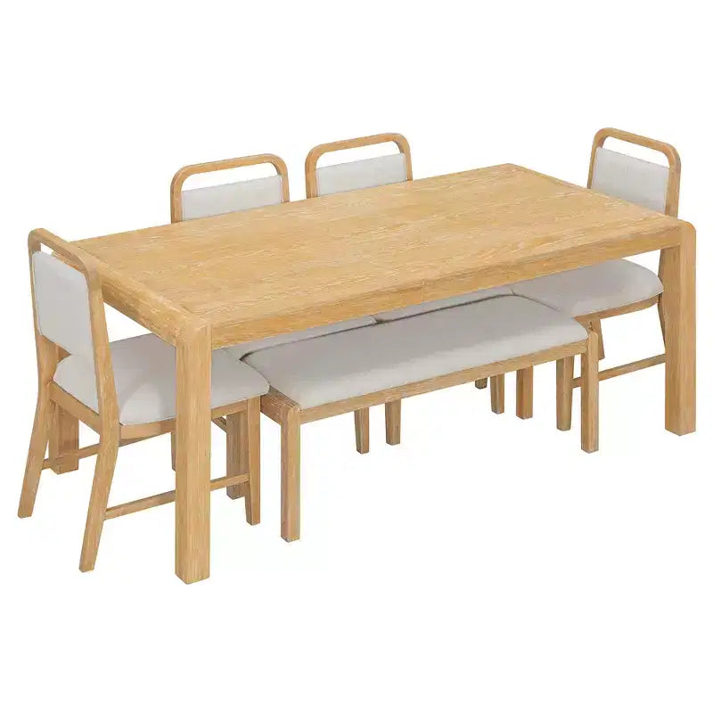 Vintage ausziehbares Esszimmertisch-Set für 6 Personen mit 4 gepolsterten Stühlen und Bank, rustikales, gebürstetes Küchentisch-Set mit geschwungenem Design