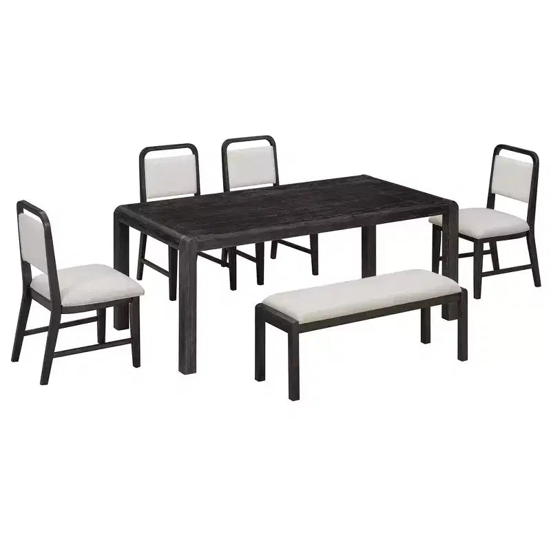 Vintage ausziehbares Esszimmertisch-Set für 6 Personen mit 4 gepolsterten Stühlen und Bank, rustikales, gebürstetes Küchentisch-Set mit geschwungenem Design
