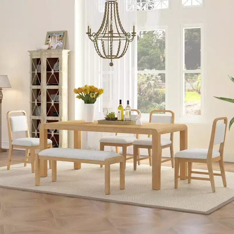 Set da pranzo vintage allungabile per 6 persone con 4 sedie imbottite e panca, set da tavolo da cucina rustico con finitura spazzolata e design curvo