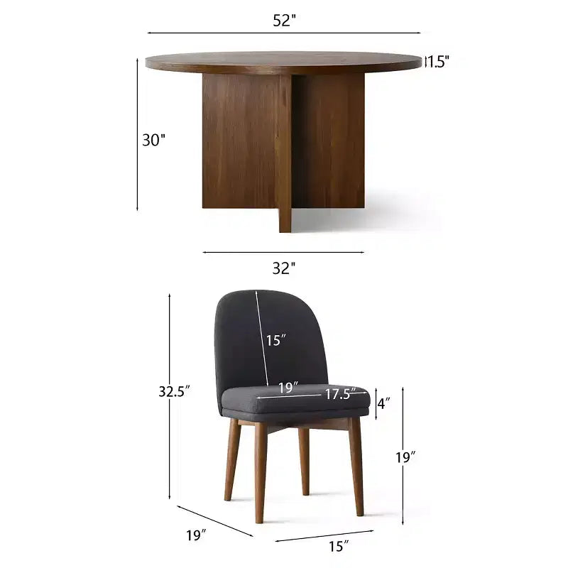 Στρογγυλό σετ τραπεζαρίας mid-century για 4 άτομα, επιφάνεια με επένδυση καρυδιάς και βάση με σταυρωτά πόδια από μασίφ ξύλο, με καρέκλες από λινό και πόδια από μασίφ ξύλο-Panipeachy