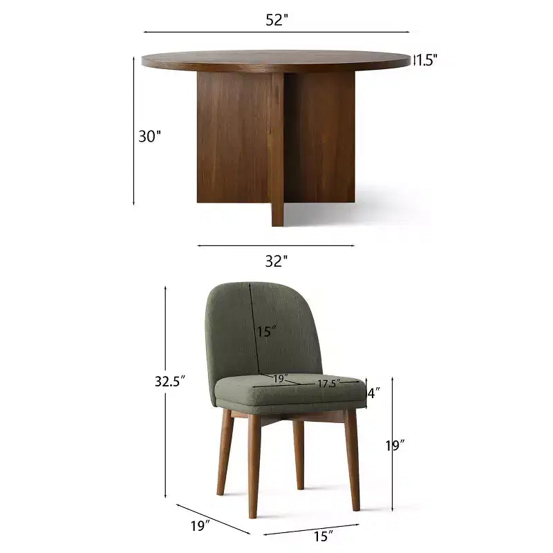 Στρογγυλό σετ τραπεζαρίας mid-century για 4 άτομα, επιφάνεια με επένδυση καρυδιάς και βάση με σταυρωτά πόδια από μασίφ ξύλο, με καρέκλες από λινό και πόδια από μασίφ ξύλο-Panipeachy