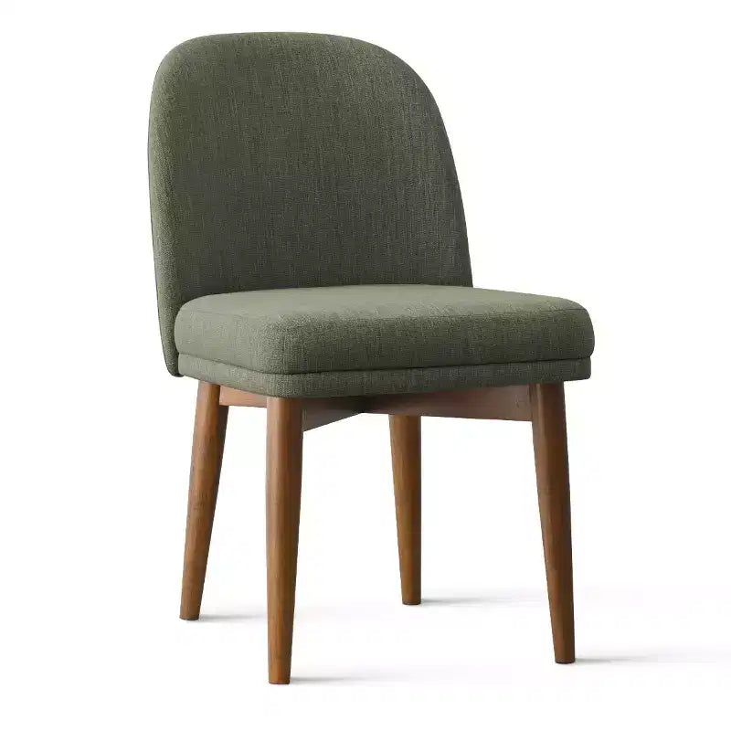 Στρογγυλό σετ τραπεζαρίας mid-century για 4 άτομα, επιφάνεια με επένδυση καρυδιάς και βάση με σταυρωτά πόδια από μασίφ ξύλο, με καρέκλες από λινό και πόδια από μασίφ ξύλο-Panipeachy