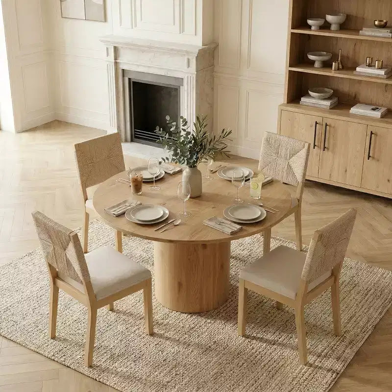 Set da pranzo rotondo da 5 pezzi per 4 persone, tavolo da pranzo con base centrale e sedie in legno massello con schienale intrecciato, arredamento moderno per cucina e sala da pranzo-Panipeachy