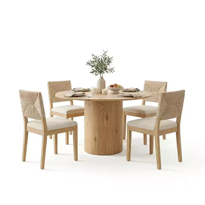 Set da pranzo rotondo da 5 pezzi per 4 persone, tavolo da pranzo con base centrale e sedie in legno massello con schienale intrecciato, arredamento moderno per cucina e sala da pranzo-Panipeachy