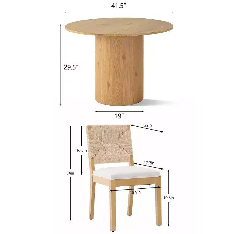 Set da pranzo rotondo da 5 pezzi per 4 persone, tavolo da pranzo con base centrale e sedie in legno massello con schienale intrecciato, arredamento moderno per cucina e sala da pranzo-Panipeachy