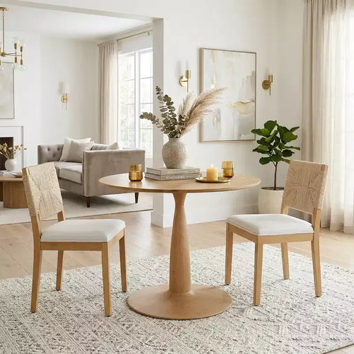 3-Piece Modern Dining Table Set, Round Pedestal Table and 2 Wood Chairs with Woven Backrest, Kitchen Dining Set for Small Dining Room-Panipeachy