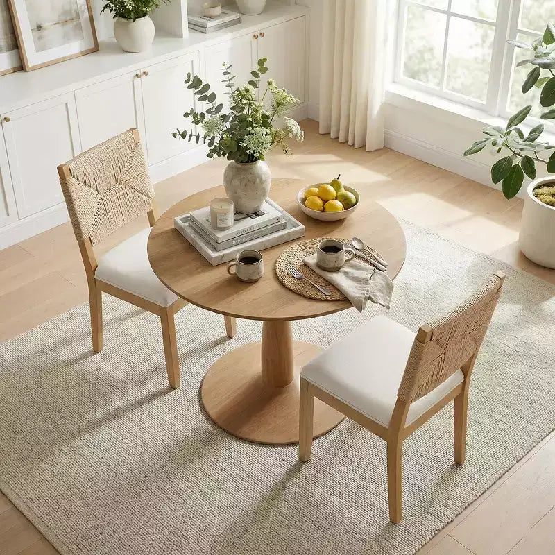 3-teiliges modernes Esszimmer-Set, runder Säulentisch und 2 Holzstühle mit geflochtener Rückenlehne, Küchenset für kleine Esszimmer - Panipeachy